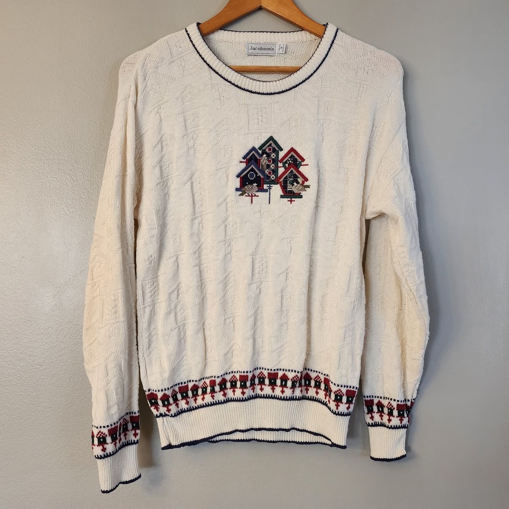 Vtg Jacobsons Knit Bird House Sweater Knit‎ cotton Women Small
